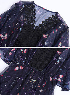 Print V-neck Flare Sleeve Cake Dress With Cami