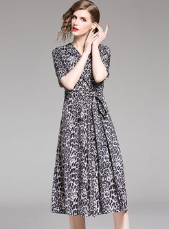 Retro V-neck Short Sleeve Leopard Print Dress