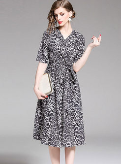 Retro V-neck Short Sleeve Leopard Print Dress