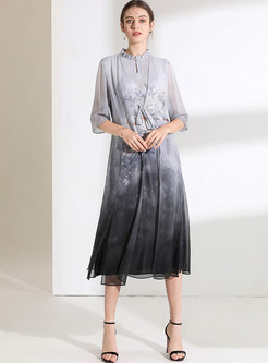 Elegant Stand Collar Print Splicing A Line Dress
