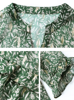 V-neck Half Sleeve Print Silk Dress With Cami
