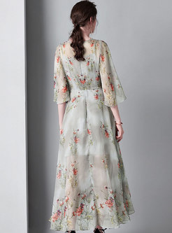 Print Flare Sleeve High Waist Maxi Dress With Cami