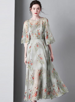 Print Flare Sleeve High Waist Maxi Dress With Cami