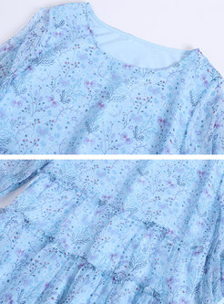 Floral O-neck Half Sleeve Slim Midi Dress