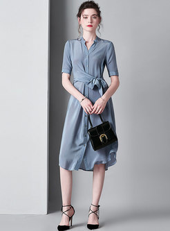 Elegant Stand Collar Tie-waist Midi Dress