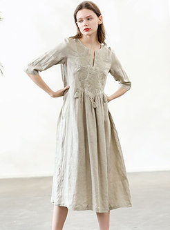Solid Color Embroidered Linen Shift Dress