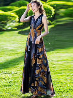 Print V-neck Sleeveless High Waisted Beach Dress