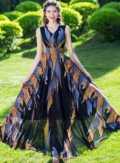 Print V-neck Sleeveless High Waisted Beach Dress