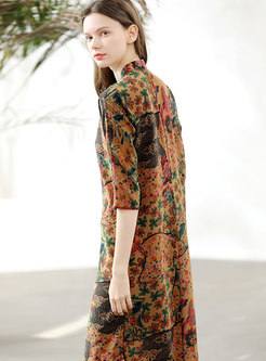 Ethnic Silk Multi-color Button Loose Maxi Dress