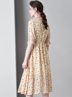 Floral Tie-collar Flare Sleeve Slim Midi Dress