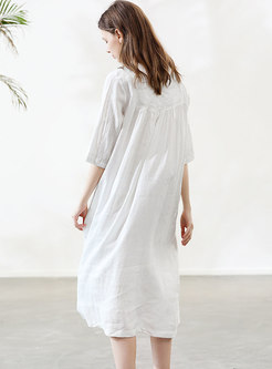 Solid Color Embroidered Linen Shift Dress
