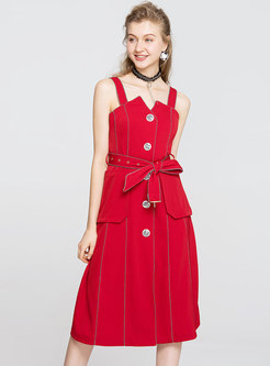 Stylish Red Belted Slip A Line Dress