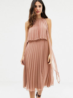 Sexy Stand Collar Backless Pleated Dress