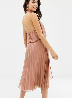 Sexy Stand Collar Backless Pleated Dress