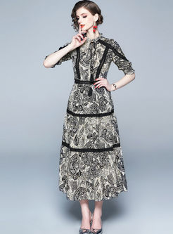 V-neck Half Sleeve Lace Print Maxi Dress