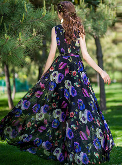 Stylish Print V-neck Sleeveless Slim Maxi Dress