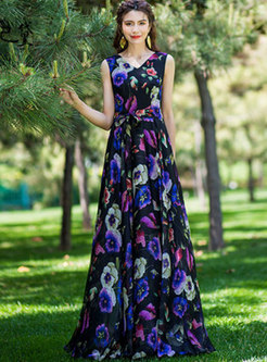 Stylish Print V-neck Sleeveless Slim Maxi Dress