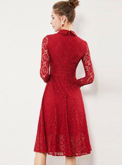 Elegant Lapel Hollow Out Long Sleeve Lace Dress