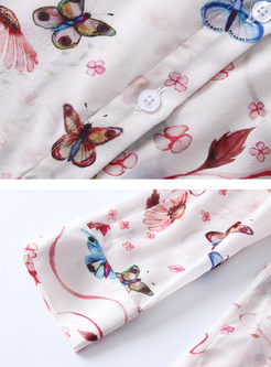 Lapel Long Sleeve Butterfly Print Silk Blouse