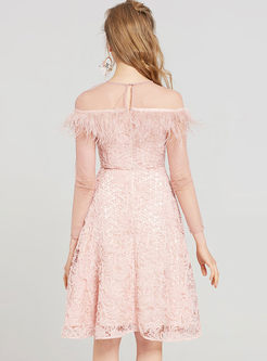 Sweet Pink O-neck Splicing Feather Skater Dress
