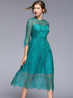 Pure Color Lace High Waist A Line Dress