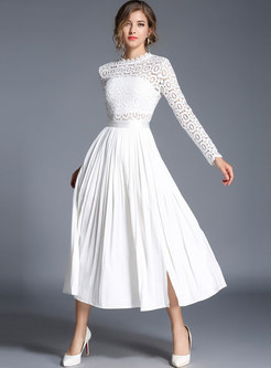 White Mock Neck Long Sleeve Lace Slit Maxi Dress