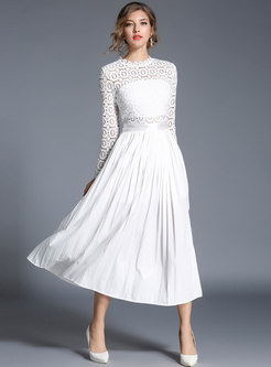 White Mock Neck Long Sleeve Lace Slit Maxi Dress