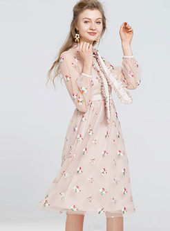 Sexy Perspective Standing Collar Embroidered Dress