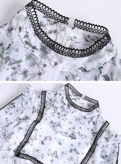 Print Splicing Stand Collar Falbala Midi Dress With Cami