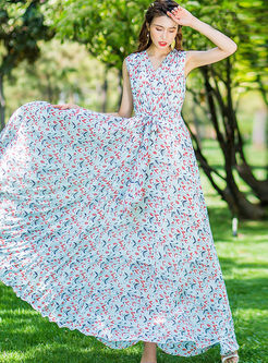 V-neck Sleeveless Print Big Hem Chiffon Maxi Dress