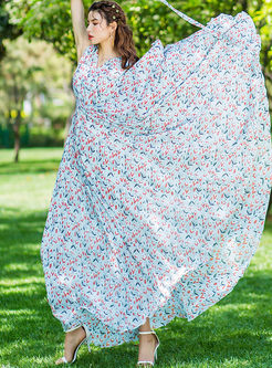 V-neck Sleeveless Print Big Hem Chiffon Maxi Dress