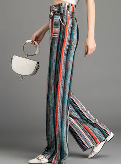 Casual Bowknot High Waisted Striped Wide Leg Pants