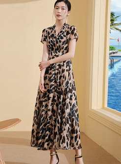 Leopard V-neck High Waist Hem Maxi Dress