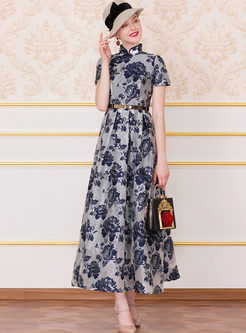 Vintage Mandarin Collar High Waist Print Dress