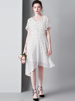 Chic Polka Dot V-neck Slim Asymmetric Dress