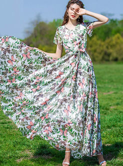 Fashion Short Sleeve Bowknot Waist Print Dress