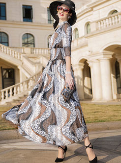 Fashion Leopard Print Waist Big Hem Chiffon Dress