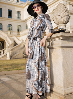 Fashion Leopard Print Waist Big Hem Chiffon Dress