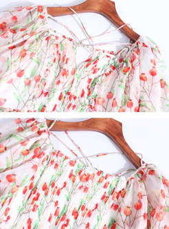 Stylish Floral Tie-collar Elastic Waist Skater Dress