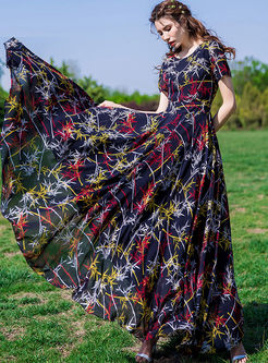 Bohemian High Waist Print Big Hem Chiffon Dress