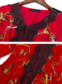 Elegant V-neck Flare Sleeve Lace Splicing Maxi Dress