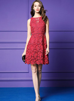 Gathered Waist Lace Hollow Out Skater Dress