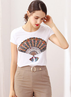 Casual O-neck Patchwork Tassel T-shirt