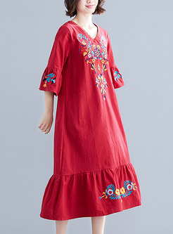 Embroidered V-neck Red Loose Shift Dress