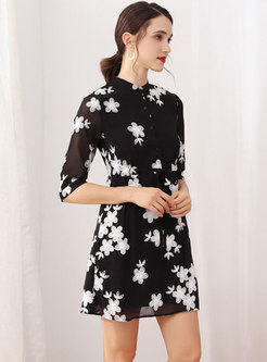 Elegant Print Stand Collar Tie-waist Mini Dress