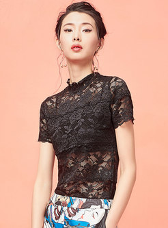 Hollow Out See-through Sheath Lace T-shirt