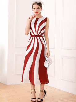 Sleeveless O-neck Striped Tank & High Waist Skirt