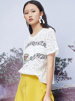 O-neck Embroidered Hollow Out Lace T-shirt