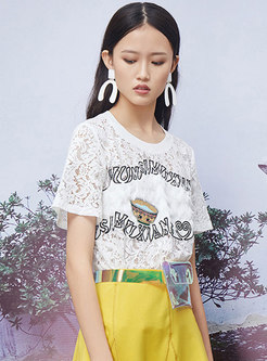 O-neck Embroidered Hollow Out Lace T-shirt