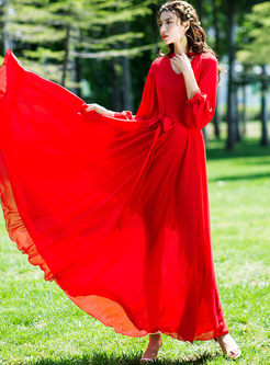 Solid Color V-neck Long Sleeve Bowknot Waist Dress